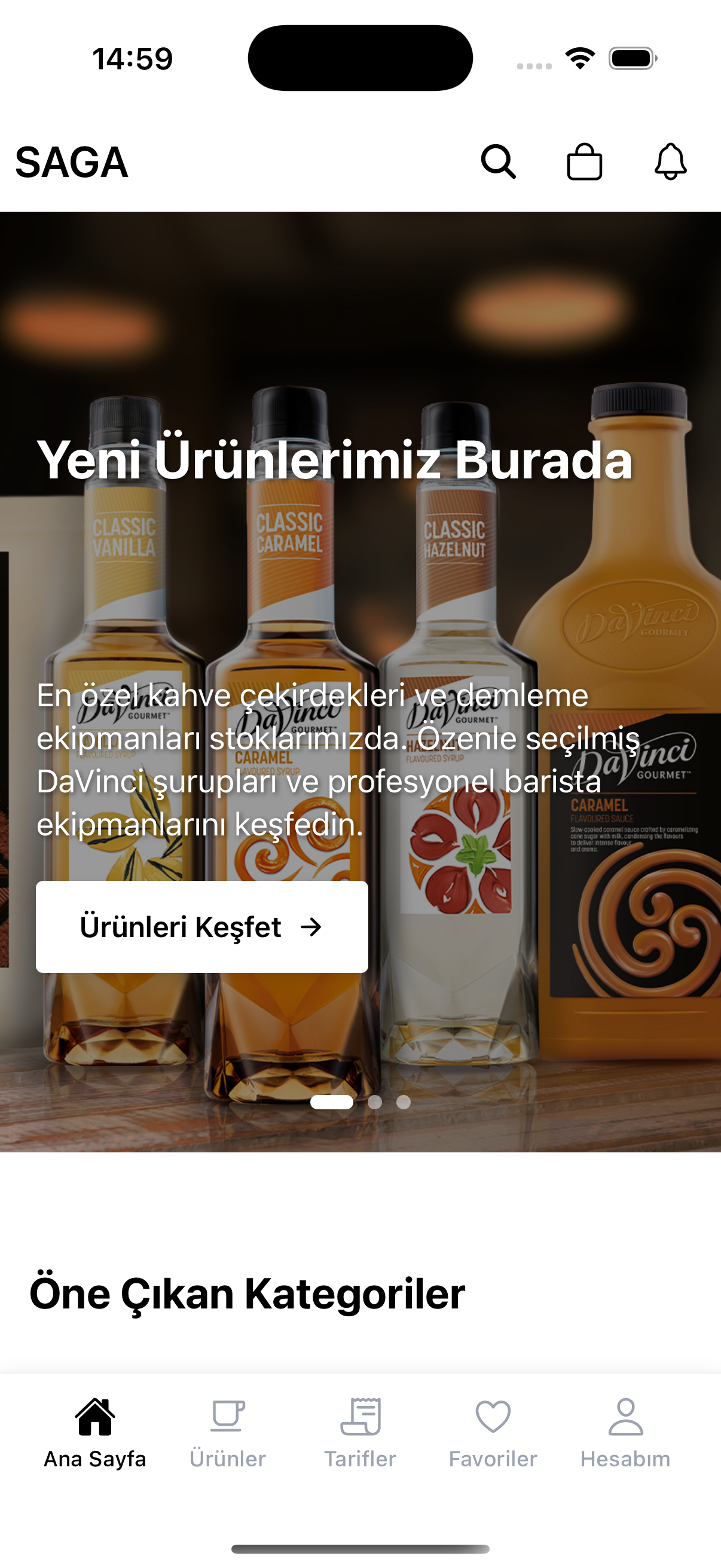 SAGA COFFEE Mobil Uygulama Ana Ekran